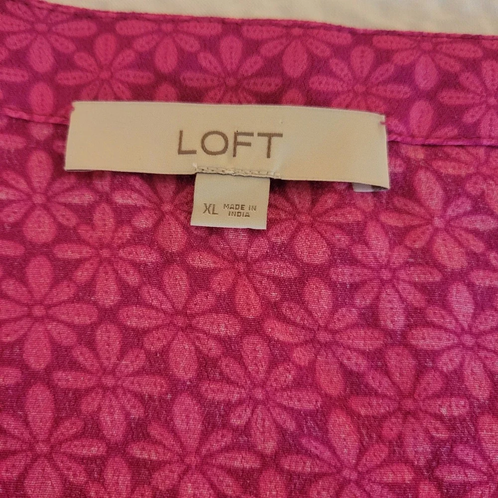 Loft‎ Blouse Womens Medium Pink Floral Tie Front Puff Sleeve V-Neck Rayon Top